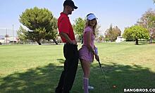 Sexy blonde golfer drops to knees for thick cock blowjob