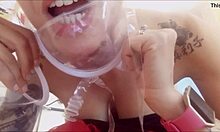 latex gloves squeeze my crushed boobs during kinky toilet exam
