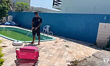 gorgeous blonde boss tempts pool boy into wild backyard pounding session