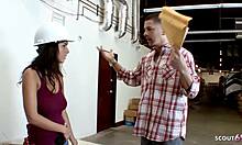 slim worker with saggy natural tits seduces coworker for sneaky office pound