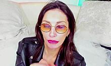 sexy glasses milf sucks dildo deep while teasing her big tits