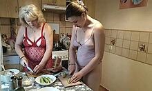 Bisexual Lesbians Assol and Platinum Kitchen Pussy Kiss