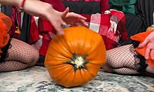 halloween threesome turns wild with bisexual teens licking shaved pussies and riding hard