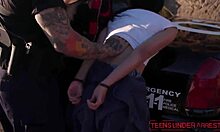 young tattooed teens cuffed by cop for rough outdoor fuck