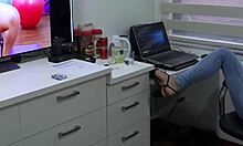 mommy milf fingers fat hairy pussy voyeured by stepson jerking off