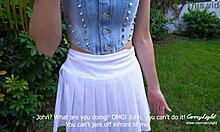 stepmom catches stepson jerking off outdoors helps cum in wet panties while husband away