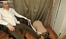 Submissive pregnant wife sucks fingers on leash