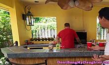 Petite teen 18+ anally rides senior's throbbing cock outdoors