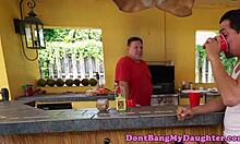 Petite teen 18+ anally rides senior's throbbing cock outdoors