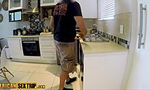 Dude, check this busty ebony milf's big booty bouncing on white dick in kitchen till cumshot!