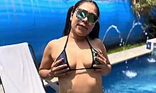 i'm so horny exhibiting wet pussy tits at public pool wanna cum fuck me outdoors