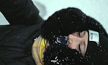 tanned brunette teases sucks swallows cum public outdoor winter snow flashing braces