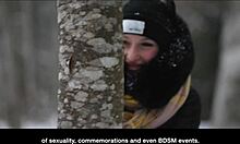 tanned brunette teases sucks swallows cum public outdoor winter snow flashing braces