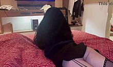 She struts in skirt and uniform flashing ass then rides boss cowgirl in shower