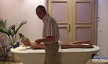 Naughty Grandpa Deepthroats Teen's Natural Tits Then Fucks Bent Over Doggystyle On Massage Desk With Cumshot Swallow