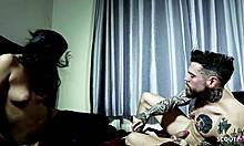 Slim black-haired tattooed emo with blue eyes fucks stranger backstage!