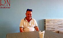 Whoa, naked curvy waitress serves fat-titted milf guest pussy juice right from her navel!