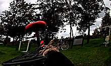 Ladyboy Biker Skirt Flashes Pussy Outdoor Cumshot Ride