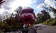 Ladyboy Biker Skirt Flashes Pussy Outdoor Cumshot Ride