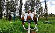 Ladyboy Biker Skirt Flashes Pussy Outdoor Cumshot Ride