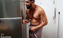 stepson stuffs cock in stepmom's kitchen tight pussy surprise