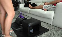 Wife bounces wildly on sybian moaning loud while hubby games - bet you couldn't last watching her explode!