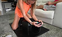 Wife bounces wildly on sybian moaning loud while hubby games - bet you couldn't last watching her explode!