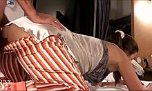 clothed slut in orange satin pants and panties takes pov doggystyle creampie blowjob