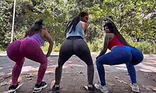 three girls ride one cock wildly but crave anal cum in public heat