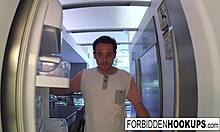 food delivery guy bangs hot stepsis on the kitchen counter