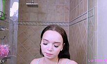 FIERCE BRUNETTE MILF SHOWER TEASE TURNS INTO PETITE SOFA MASSAGE FUCK WITH STEPDAD!!