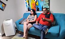 Curvy stepdaughter tempts stepdad on couch during movie leading to rough creampie fuck