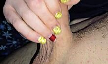 Skinny Blonde Wife Dirty Talks While Slowly Jerking Husband's Cock