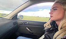 german green-eyed teen bitch picked up flashes tits then swallows stranger's load in car 🚗💦👅