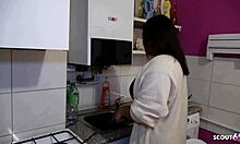 My curvy big butt girlfriend risks dirty kitchen table fuck and squirts before creampie