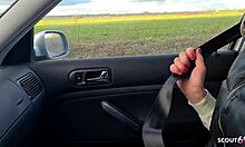 german green-eyed teen bitch picked up flashes tits then swallows stranger's load in car 🚗💦👅