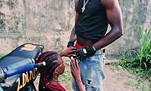 petite biker girl stands for public garage sex on bike