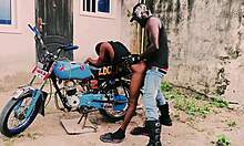 petite biker girl stands for public garage sex on bike