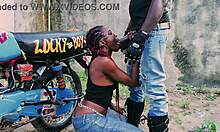 petite biker girl stands for public garage sex on bike