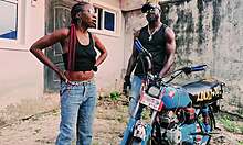 petite biker girl stands for public garage sex on bike