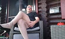 chubby outdoor pantyhose tease relaxes with cigarillo and bare feet play 😏👠