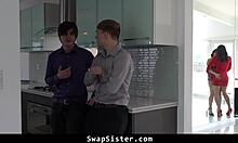 Stepbrothers unload hot loads right on each other's stepsisters faces in wild swap