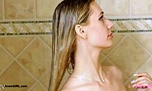 chatty elegant blonde teen steps out of shower for pov massage tease