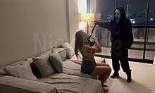 masked stranger ties my neck and forces sloppy strap-on deepthroat domination