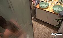 Busty Brunette Kecy Strips Naked Skinny Body In Shower Long Hair Wet