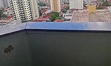 Naughty Redhead Neighbor Gets Bent Over Balcony For Rough Bareback Pounding