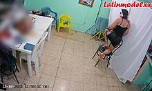 hot latina model poses sexy in lingerie backstage while producer showers nearby