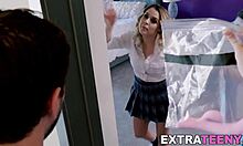 Petite blonde stepdaughter bends over begging stepdad's monster cock deep inside