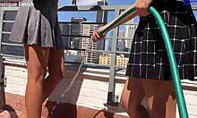 Ever dreamed of two amateur girls giving outdoor footjobs to one big dick?