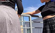 Ever dreamed of two amateur girls giving outdoor footjobs to one big dick?